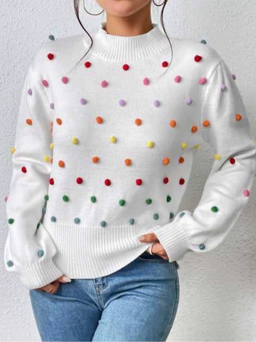 Main Strip White Rainbow Pom Pom Sweater Size Large Colorful Knit Pullover